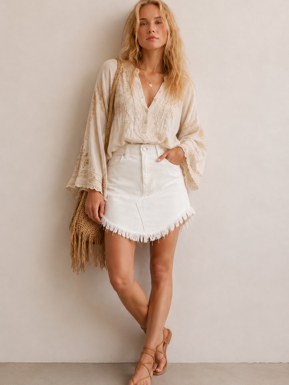 FREE PEOPLE WE THE FREE
| Bailey Denim Mini Skirt |
Cream Size 29 Festival Boho